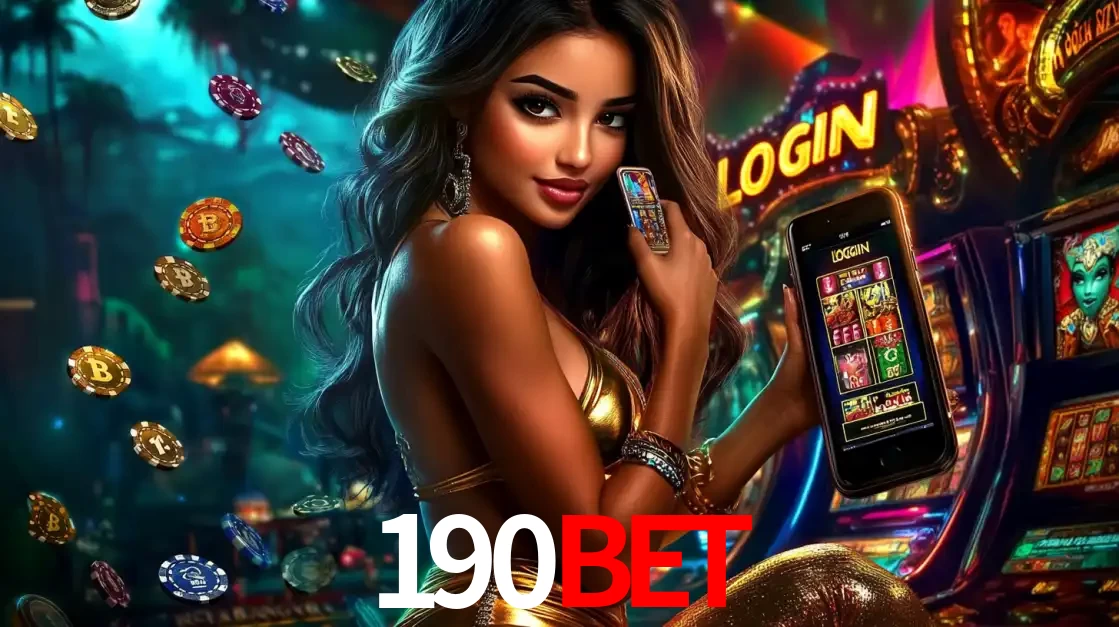 Mulher em um cenário de cassino temático de aventura, mostrando o app de caça-níqueis da 190BET no celular. Fichas de apostas flutuam ao redor.