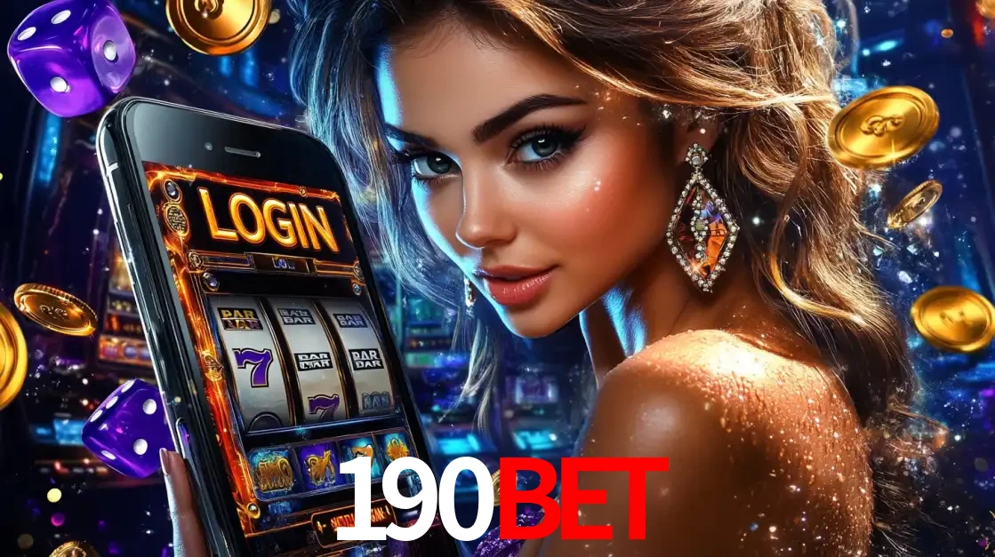 Mulher glamorosa segurando um smartphone com a tela de login para os jogos de caça-níqueis do cassino online 190BET, com moedas de ouro e dados ao redor.