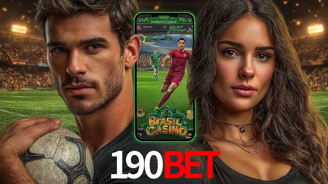 Homem segurando uma bola de futebol e uma mulher ao lado de um smartphone exibindo o jogo de apostas esportivas da 190BET. Faça seu palpite no cassino online.